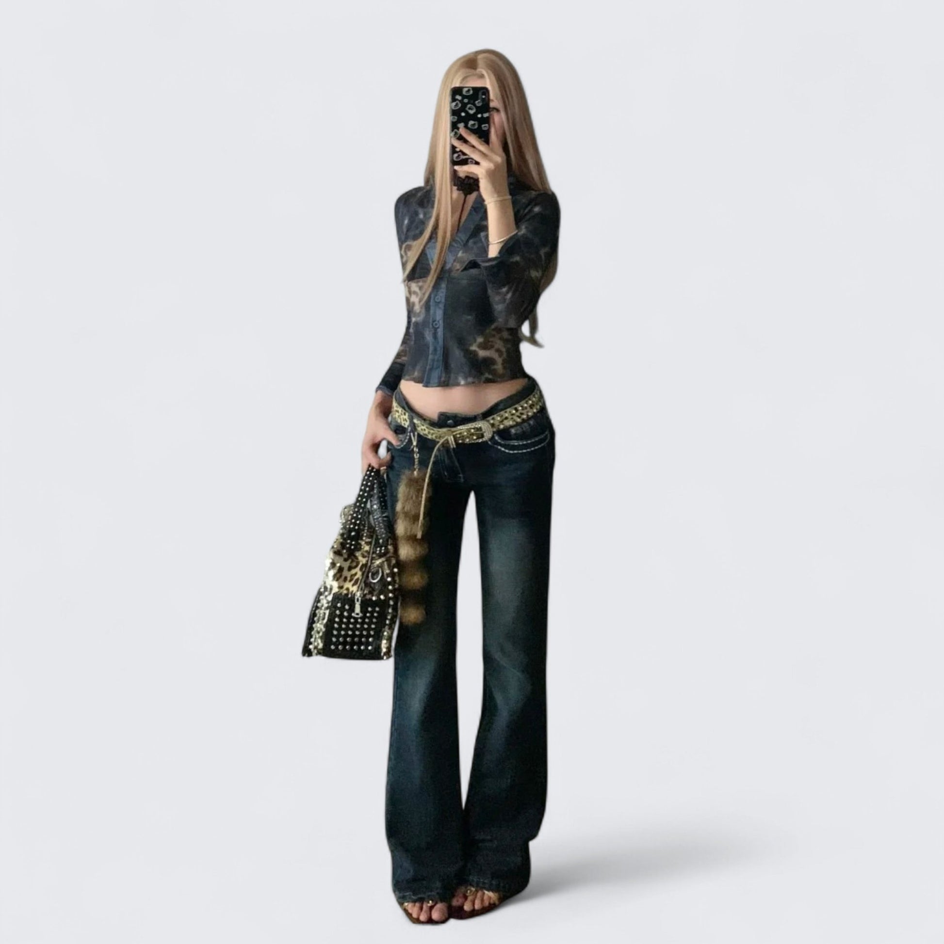 Blue Black Leopard Print Long Sleeve Crop Top and Dark Blue Flared Jeans Y2K Two Pieces Sets - tutufox -