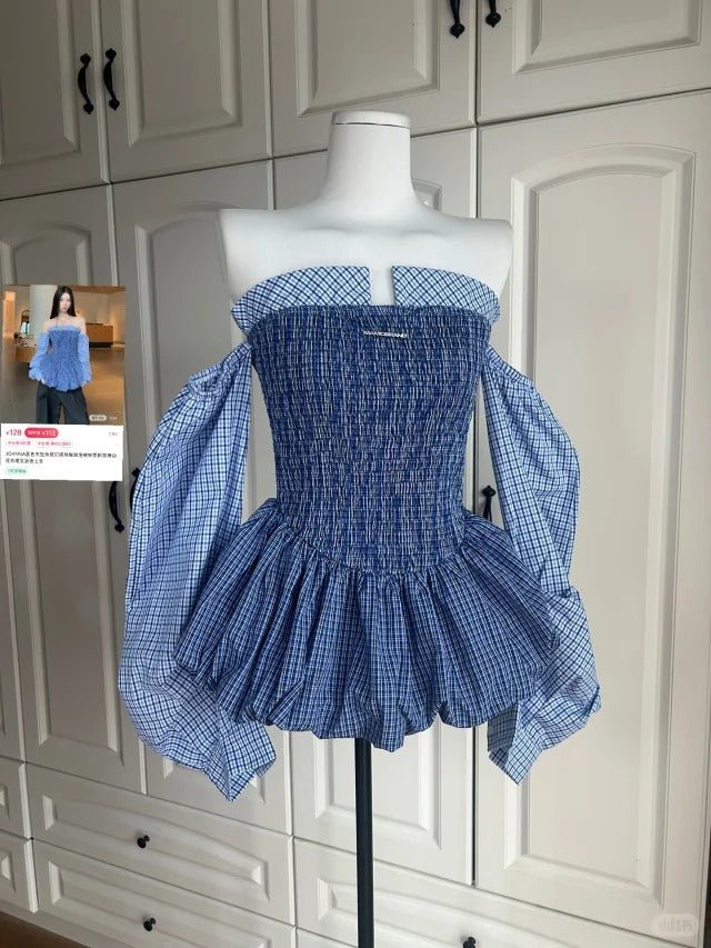 Blue Plaid Off - The - Shoulder Long - Sleeve Puff Mini Dress - tutufox -