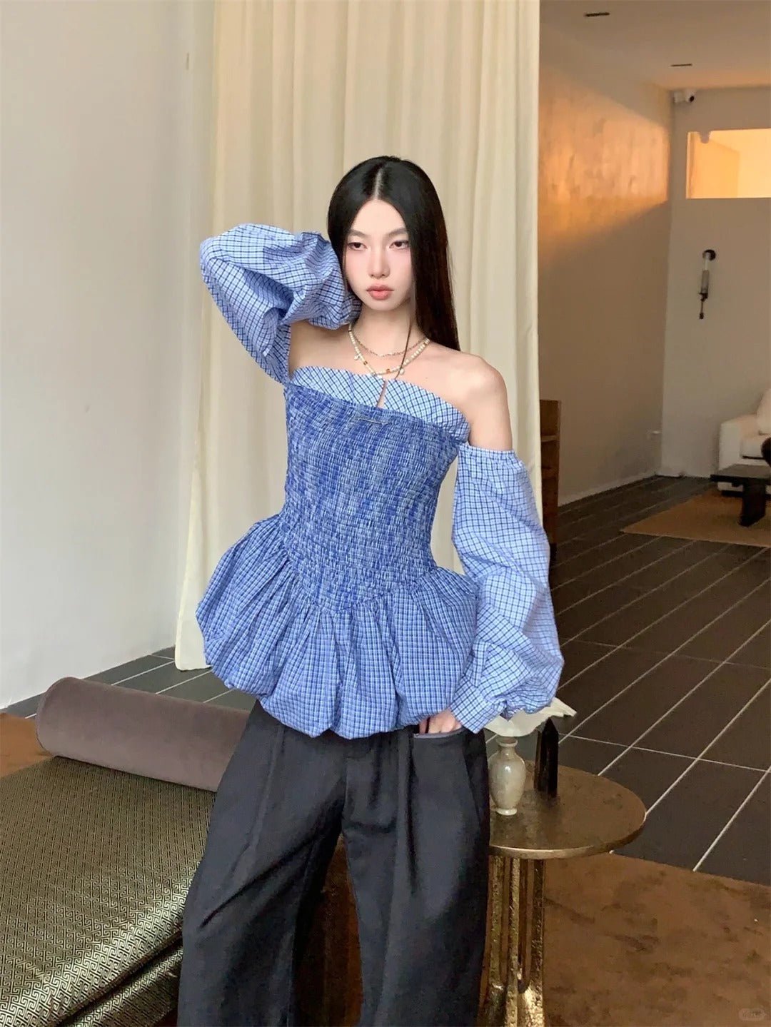 Blue Plaid Off - The - Shoulder Long - Sleeve Puff Mini Dress - tutufox -