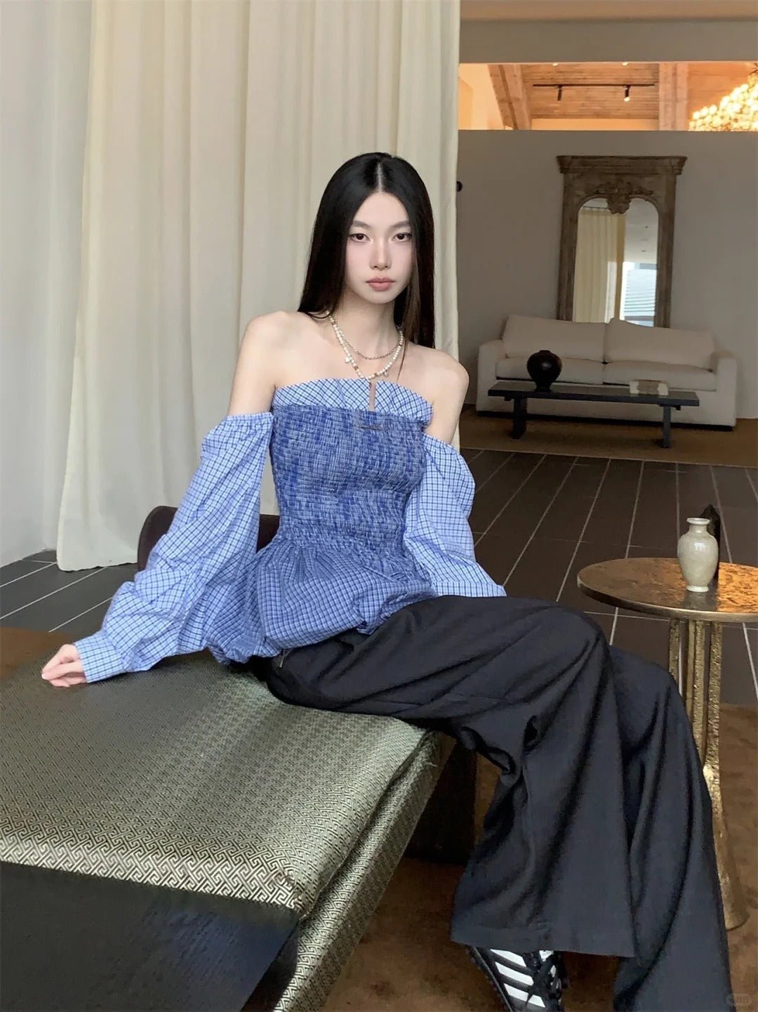 Blue Plaid Off - The - Shoulder Long - Sleeve Puff Mini Dress - tutufox -