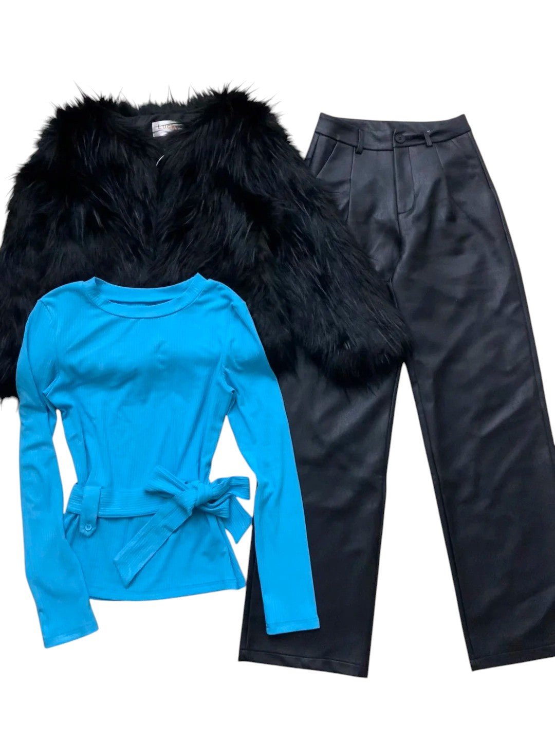 Blue Tie Top with Black Fur Vest and Leather Pants Y2K Outfit - tutufox -