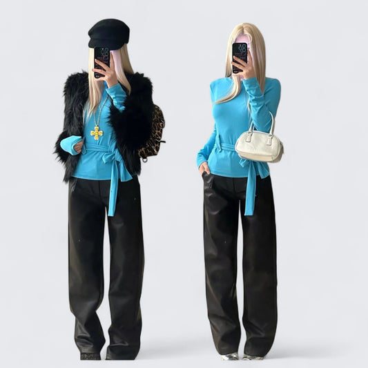 Blue Tie Top with Black Fur Vest and Leather Pants Y2K Outfit - tutufox -
