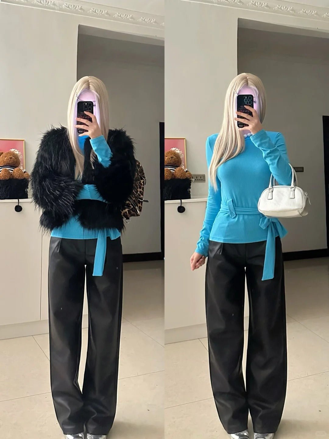 Blue Tie Top with Black Fur Vest and Leather Pants Y2K Outfit - tutufox -