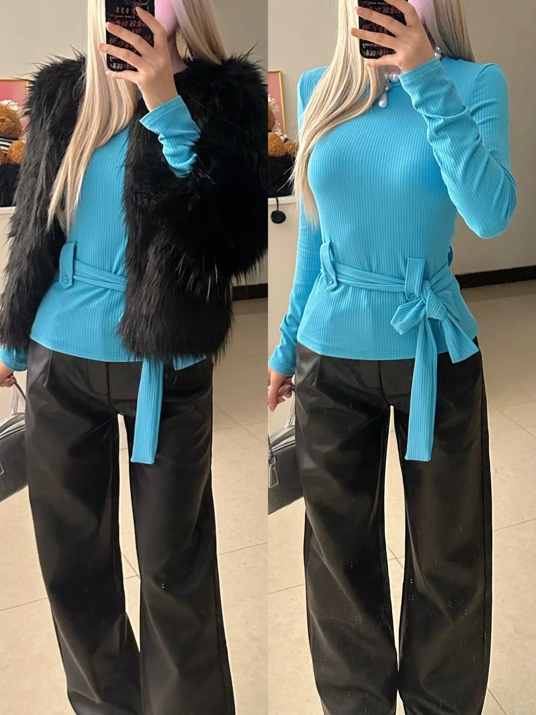 Blue Tie Top with Black Fur Vest and Leather Pants Y2K Outfit - tutufox -