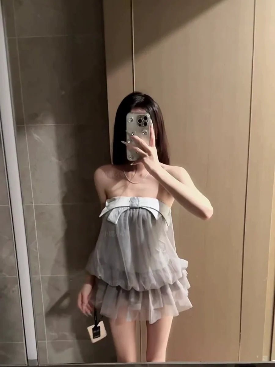 Blue Tulle Bow Tube - Top Soft Sweet Waist - Cinched A - Line Summer Mini Dress - tutufox -