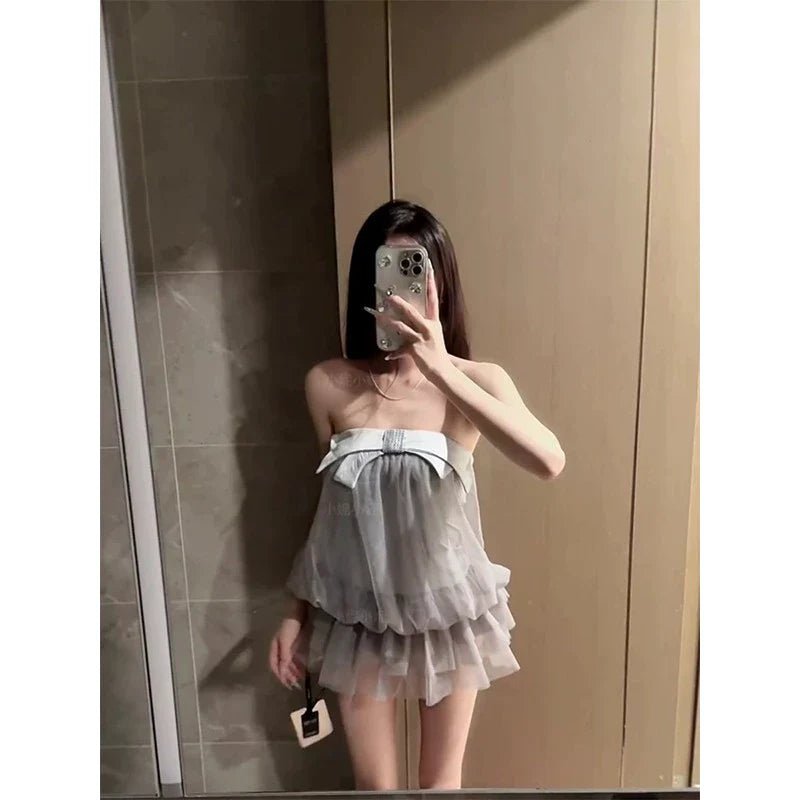 Blue Tulle Bow Tube - Top Soft Sweet Waist - Cinched A - Line Summer Mini Dress - tutufox -