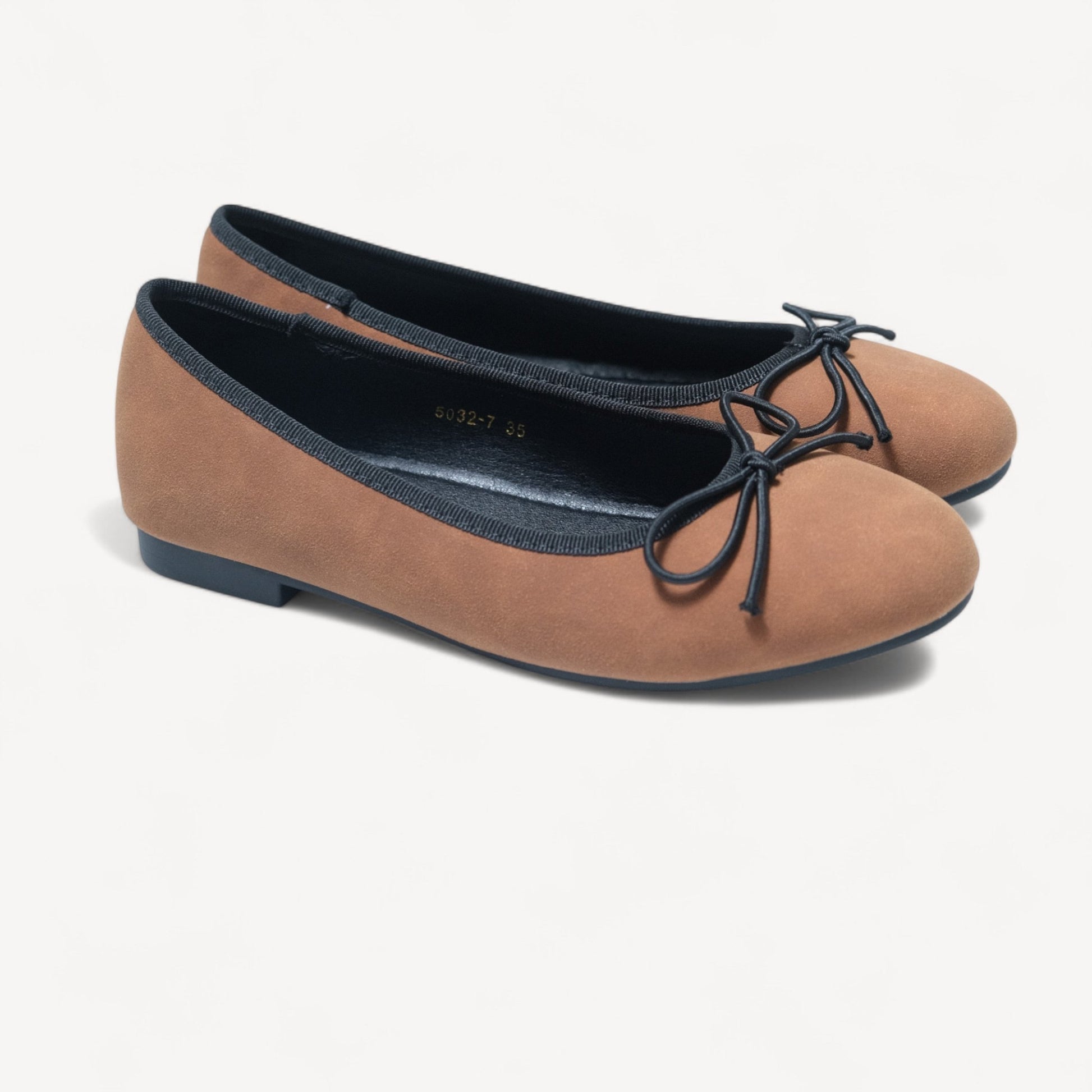brown almond toe ballet bow flats oblique view