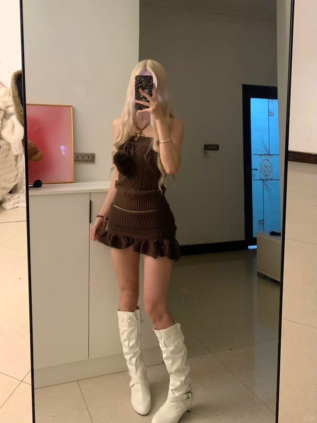 Brown Knit Tube Top and Ruffle Skirt Y2K Outfit - tutufox -