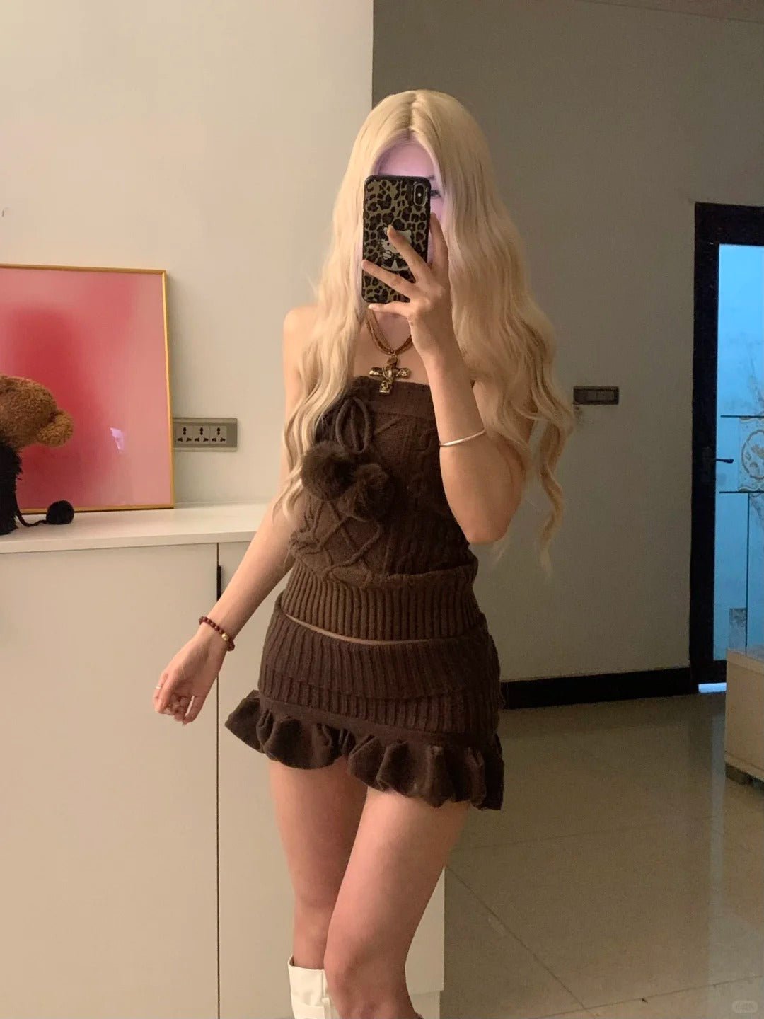 Brown Knit Tube Top and Ruffle Skirt Y2K Outfit - tutufox -