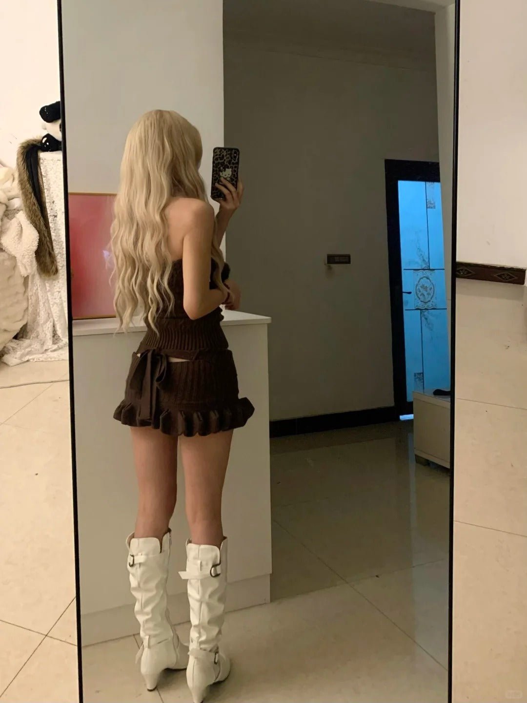 Brown Knit Tube Top and Ruffle Skirt Y2K Outfit - tutufox -