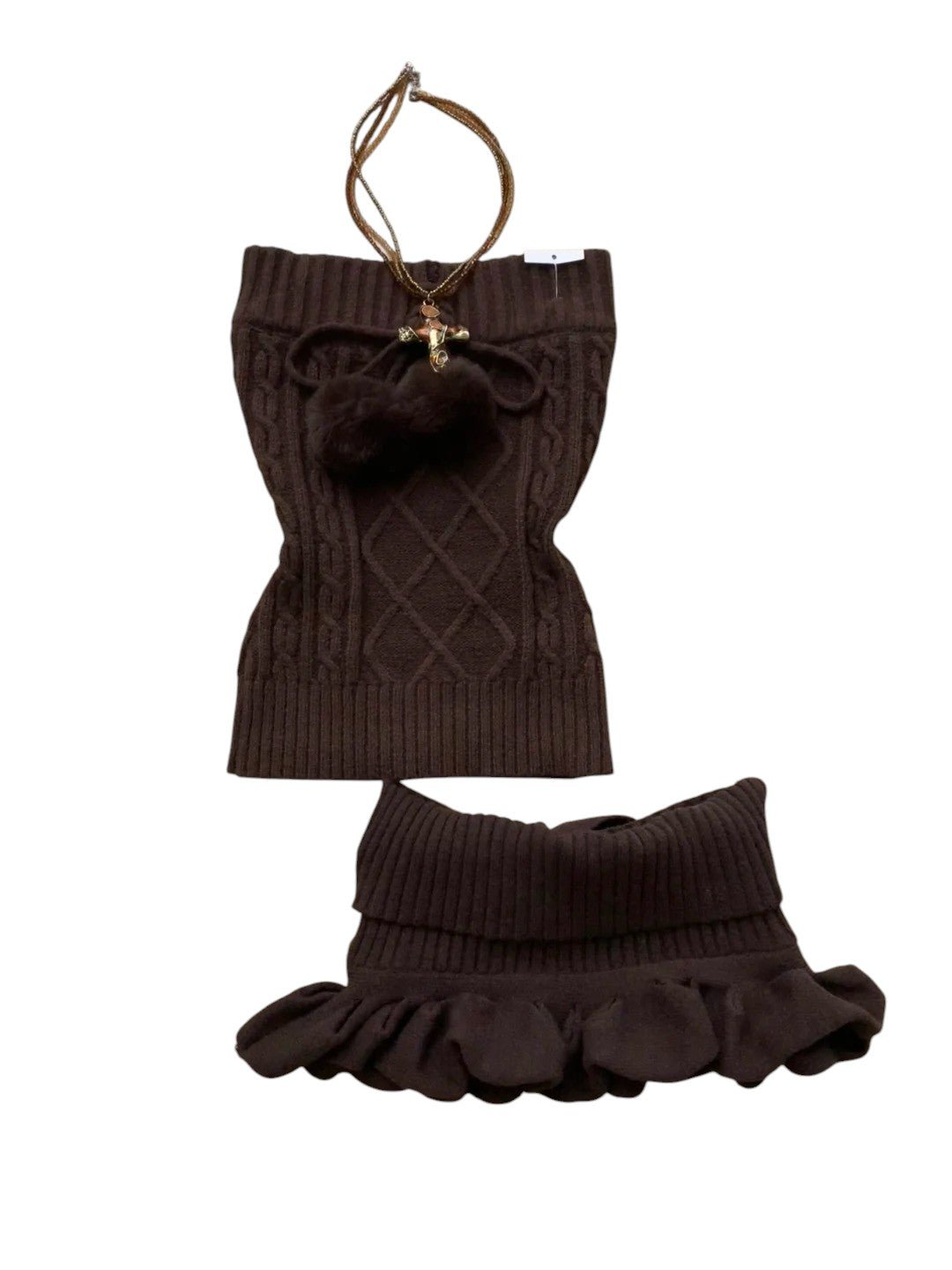 Brown Knit Tube Top and Ruffle Skirt Y2K Outfit - tutufox -
