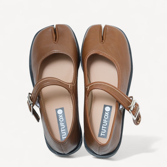 Brown Mary Jane Split Toe Flats Tabi - tutufox - tabis