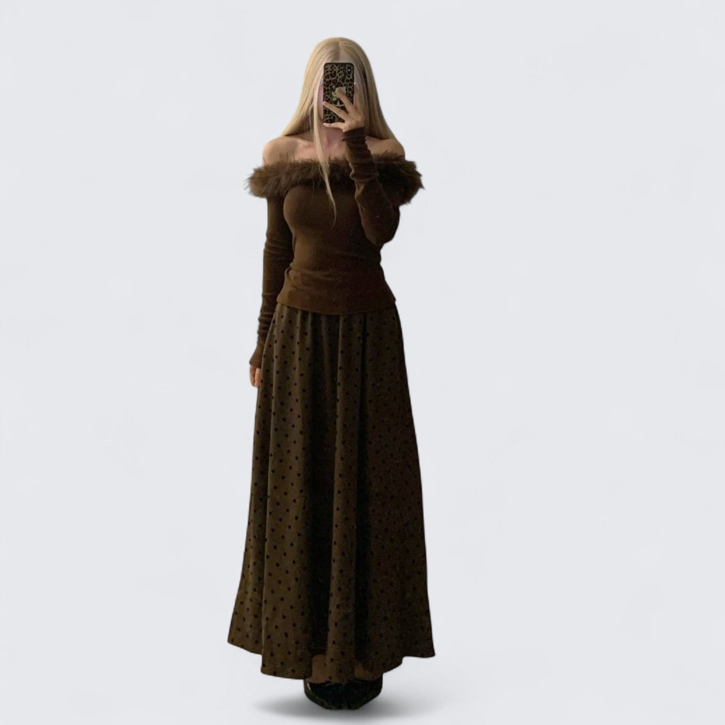 Brown Off - Shoulder Fur Top with Polka Maxi Skirt Y2K Two - Piece - tutufox -
