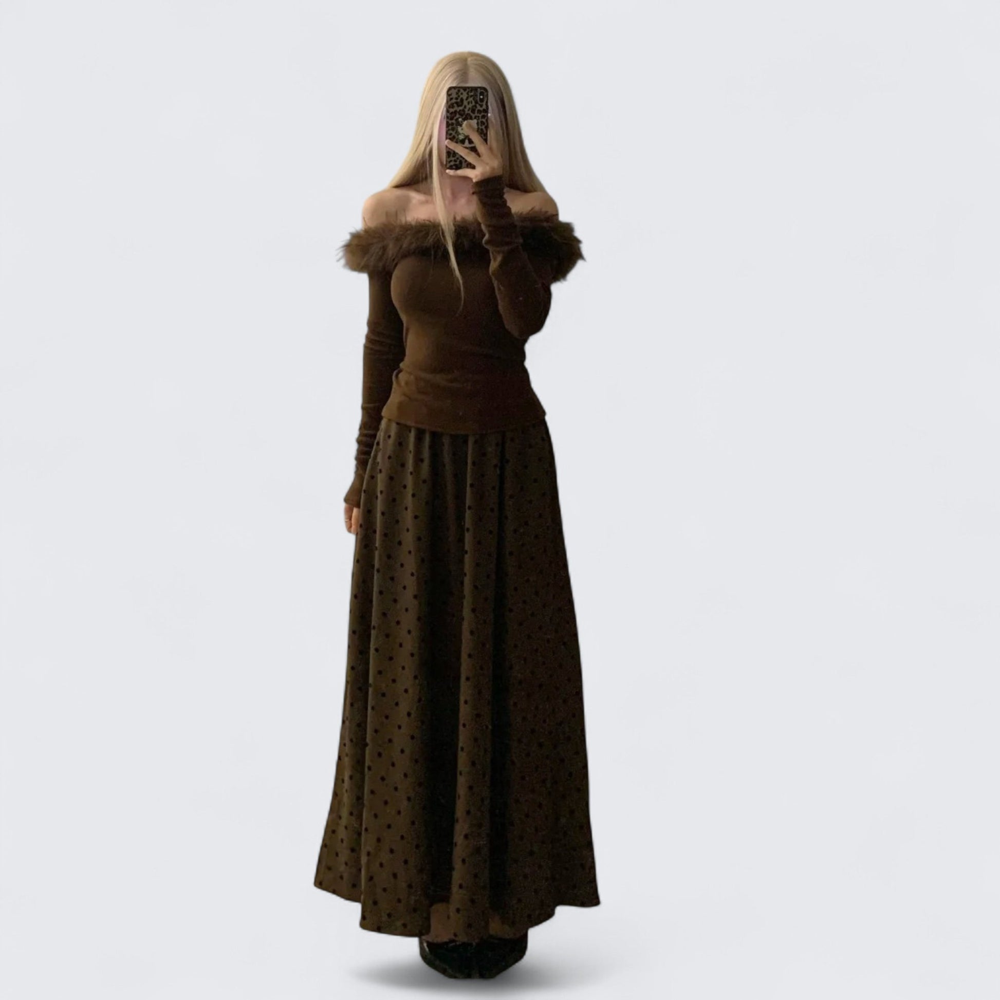 Brown Off - Shoulder Fur Top with Polka Maxi Skirt Y2K Two - Piece - tutufox -
