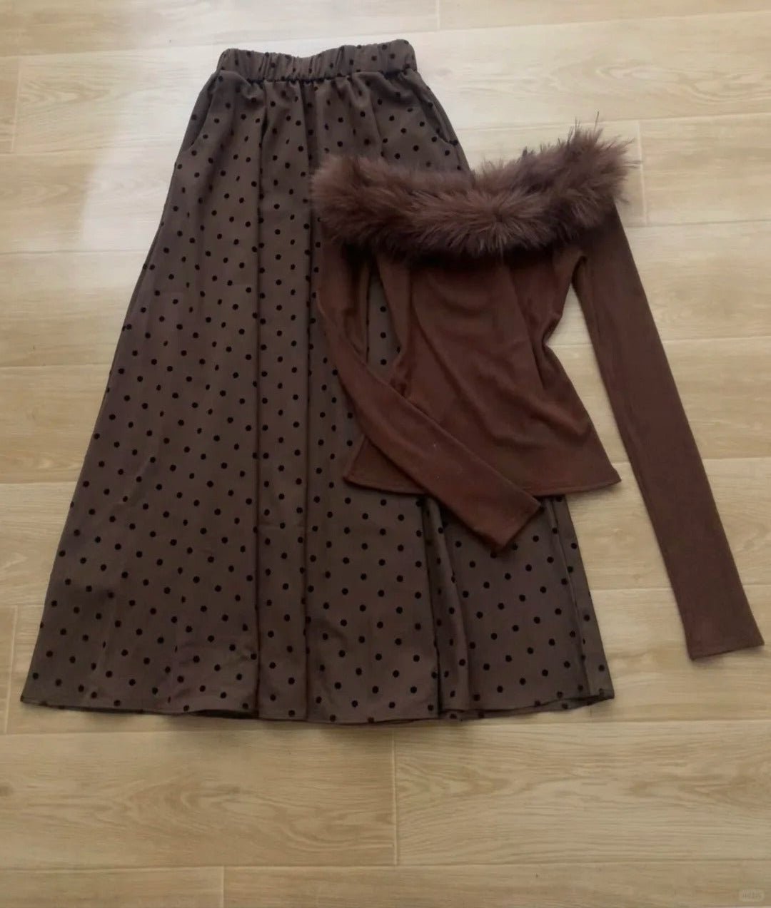 Brown Off - Shoulder Fur Top with Polka Maxi Skirt Y2K Two - Piece - tutufox -