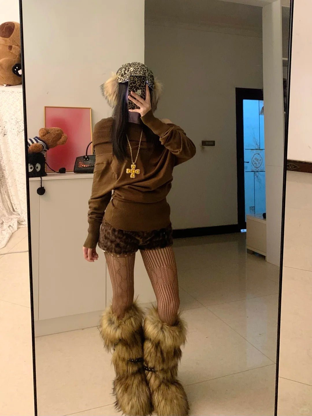 Brown Off - Shoulder Top and Leopard Shorts Y2K Outfit - tutufox -