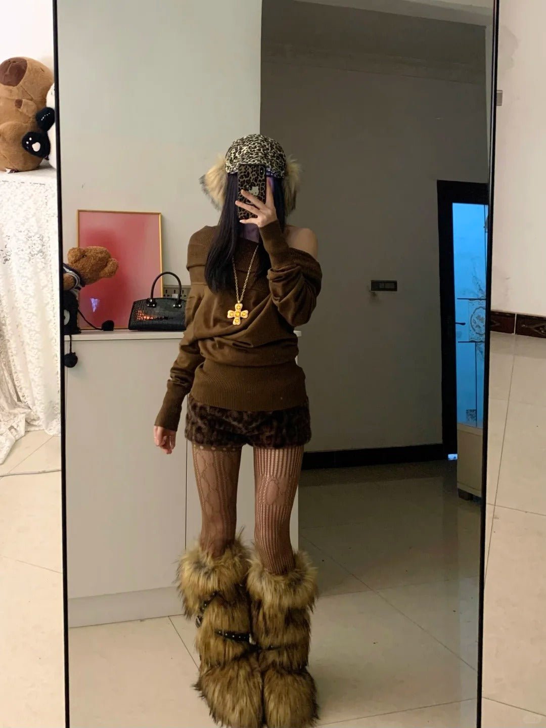 Brown Off - Shoulder Top and Leopard Shorts Y2K Outfit - tutufox -