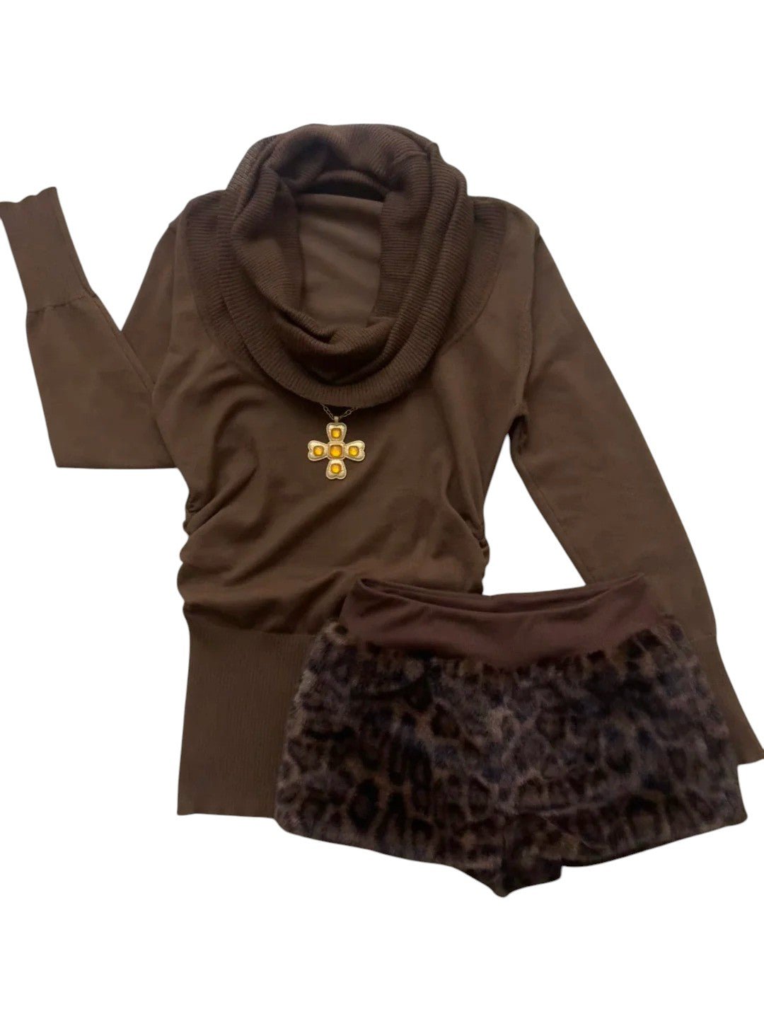 Brown Off - Shoulder Top and Leopard Shorts Y2K Outfit - tutufox -