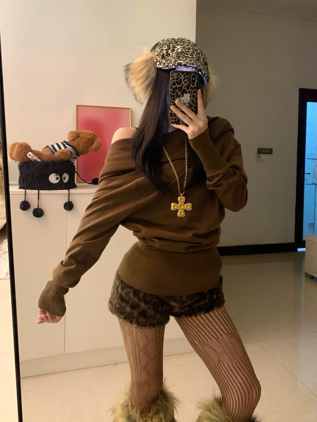 Brown Off - Shoulder Top and Leopard Shorts Y2K Outfit - tutufox -