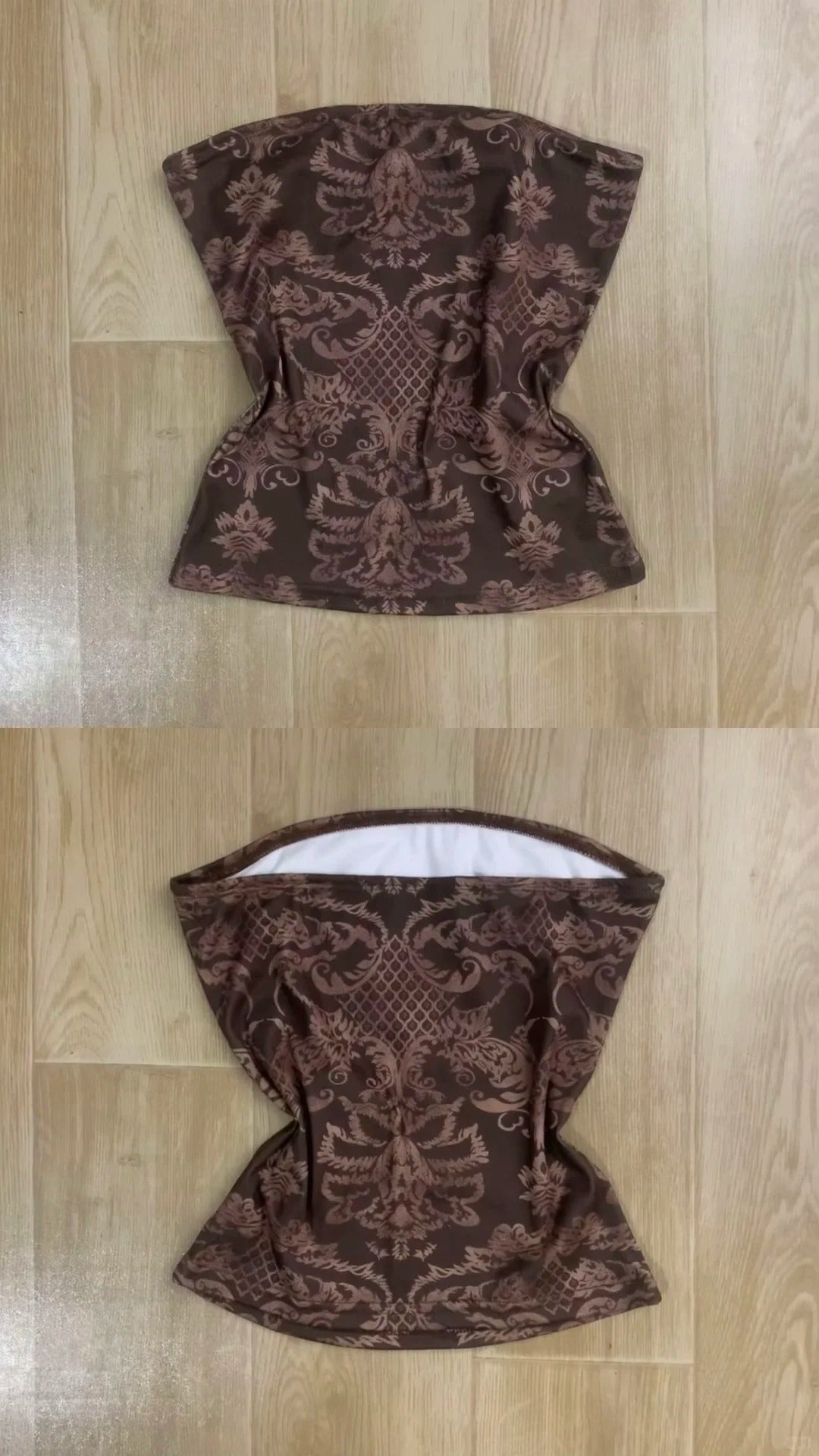 Brown Patterned Bustier Top and Plaided Tulle Mini Skirt Y2K Two Piece Sets - tutufox -