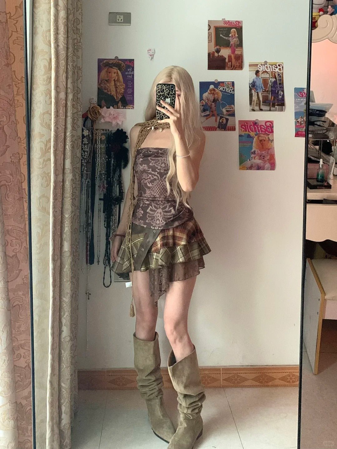 Brown Patterned Bustier Top and Plaided Tulle Mini Skirt Y2K Two Piece Sets - tutufox -