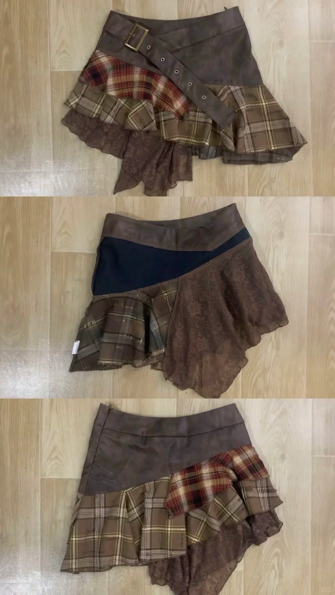 Brown Patterned Bustier Top and Plaided Tulle Mini Skirt Y2K Two Piece Sets - tutufox -