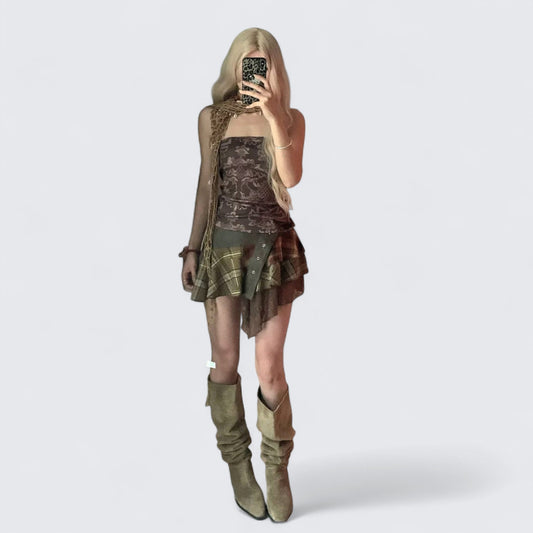 Brown Patterned Bustier Top and Plaided Tulle Mini Skirt Y2K Two Piece Sets - tutufox -
