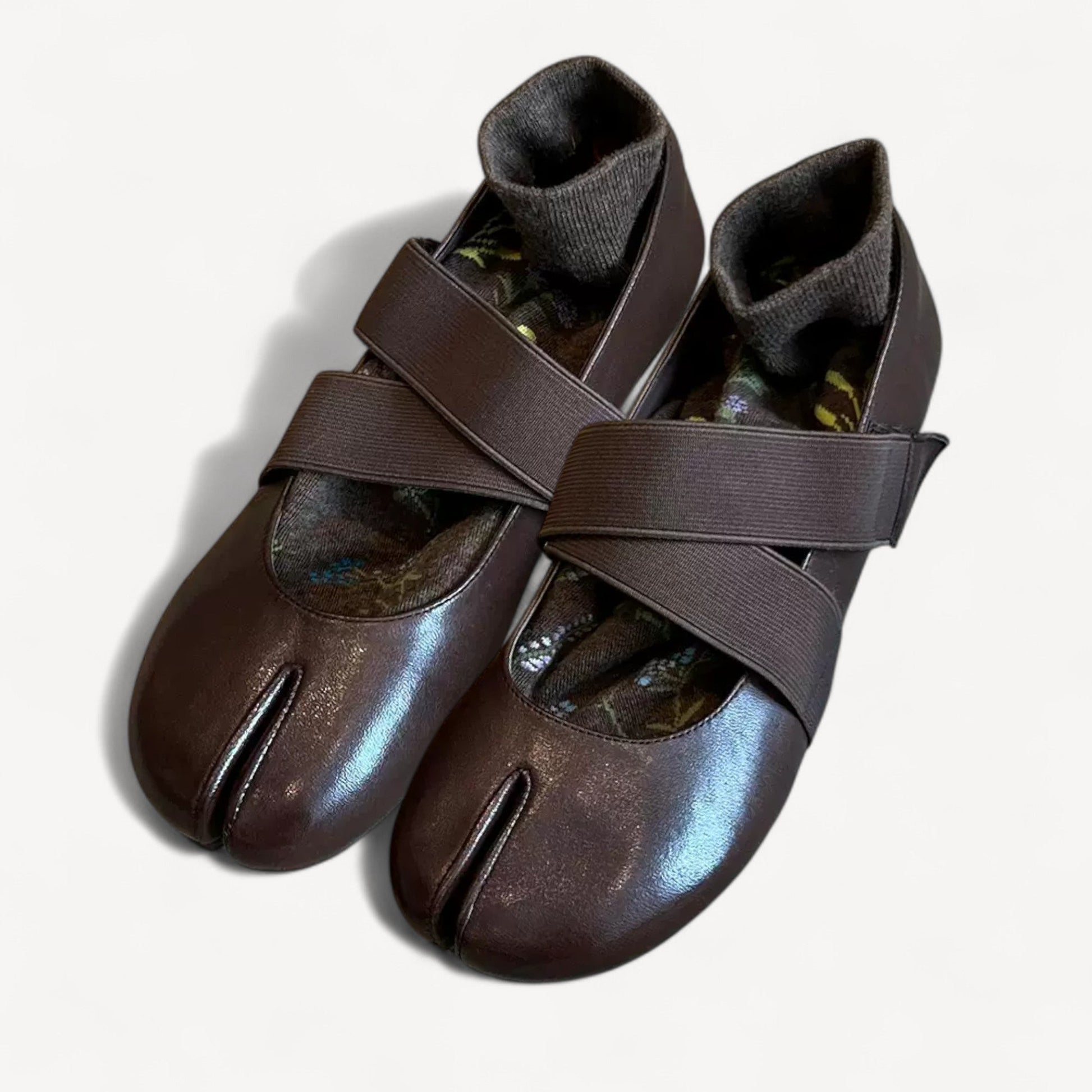 Brown Soft Leather Ballet Split - Toe Flats Elastic Tabi - tutufox - tabis