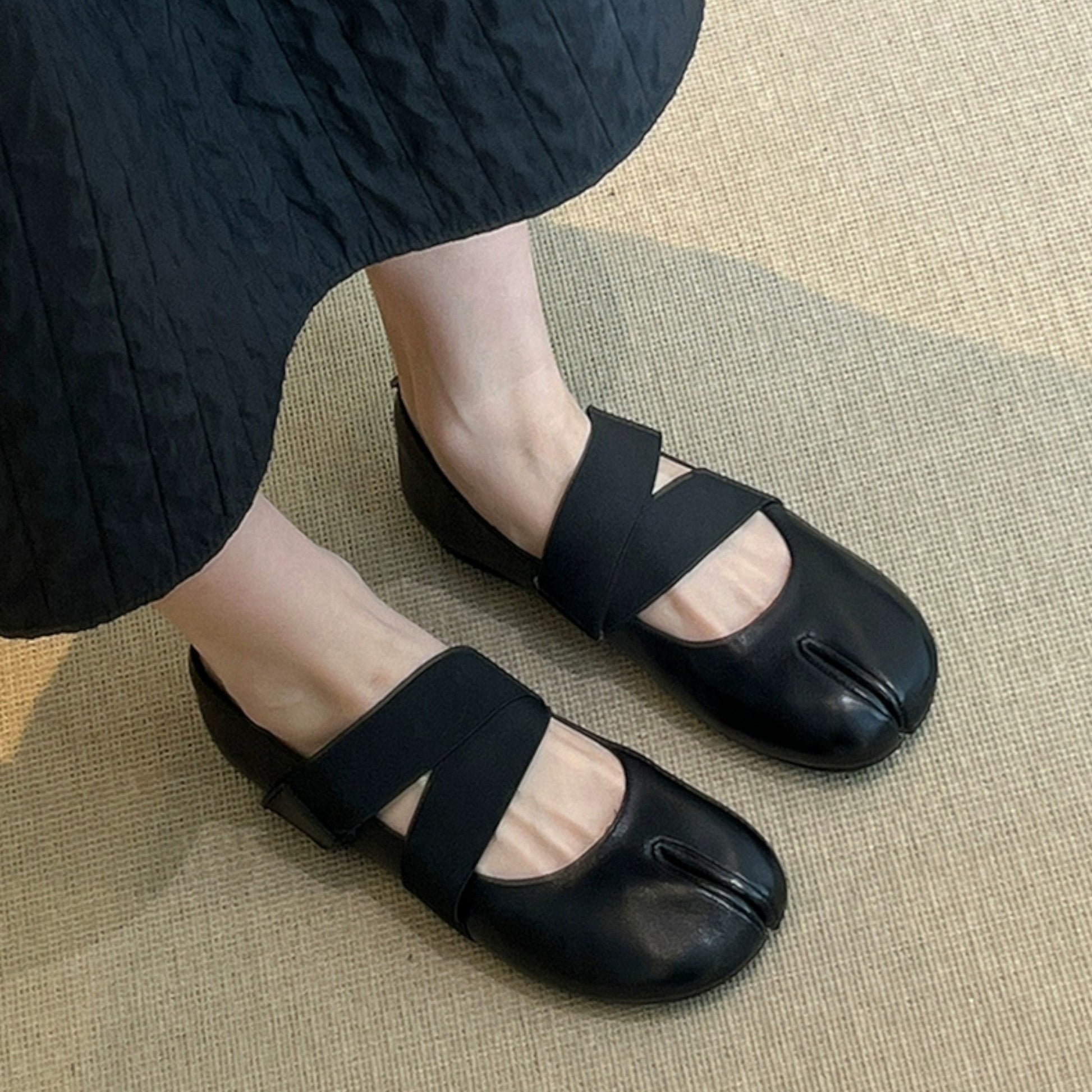 Brown Soft Leather Ballet Split - Toe Flats Elastic Tabi - tutufox - tabis