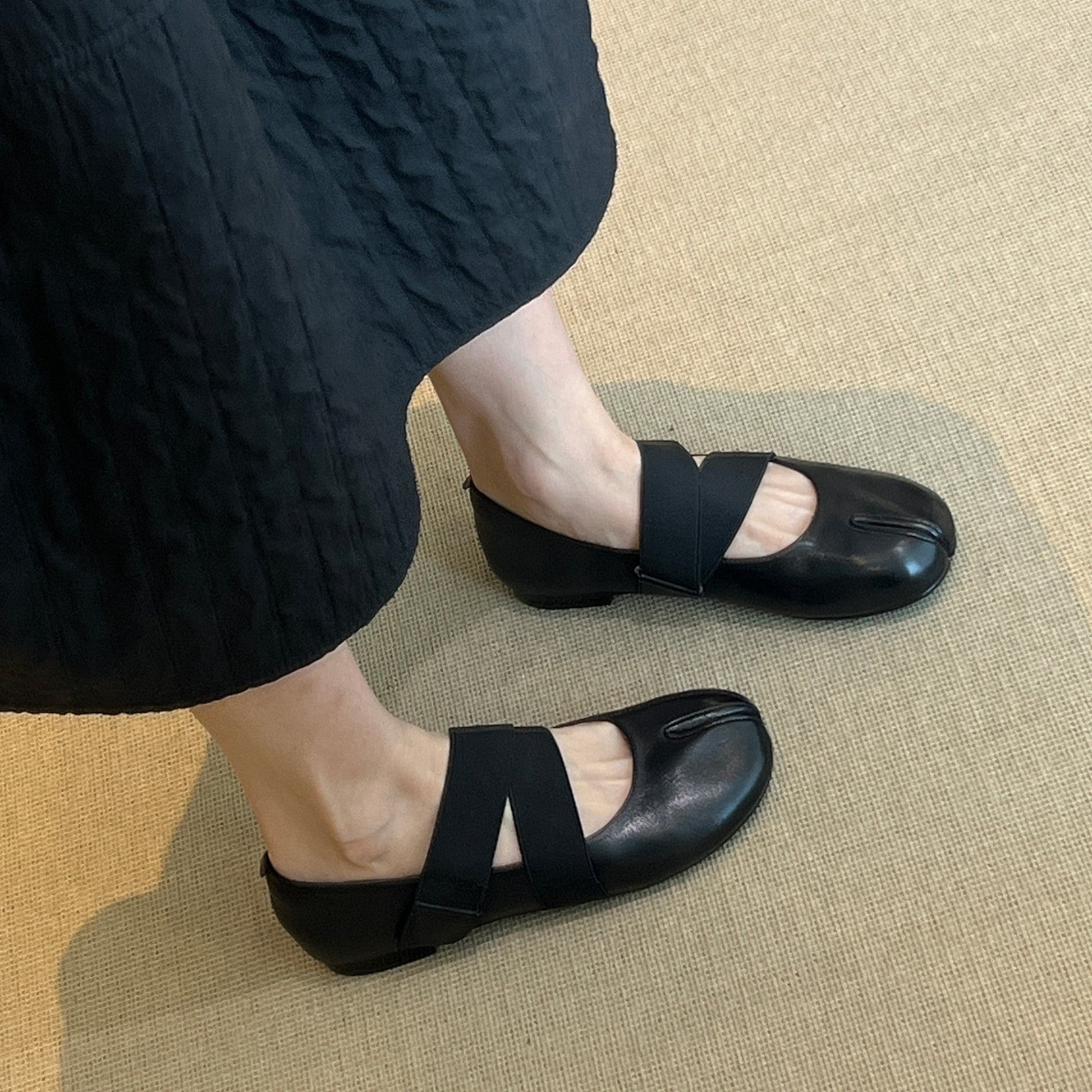 Brown Soft Leather Ballet Split - Toe Flats Elastic Tabi - tutufox - tabis