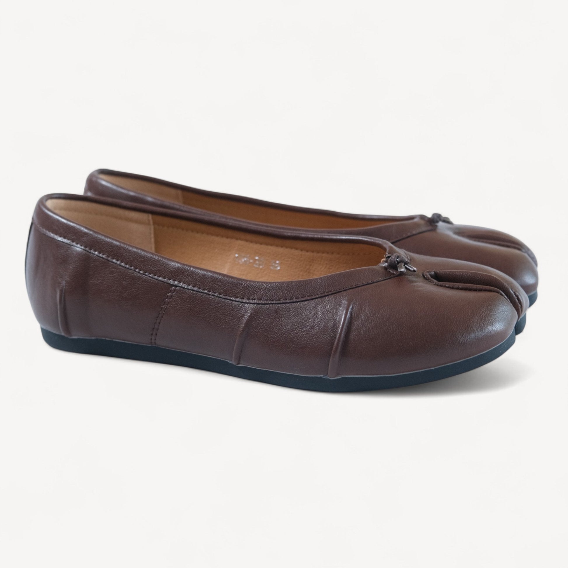 Brown Split Toe Leather Tabi Flats - tutufox -
