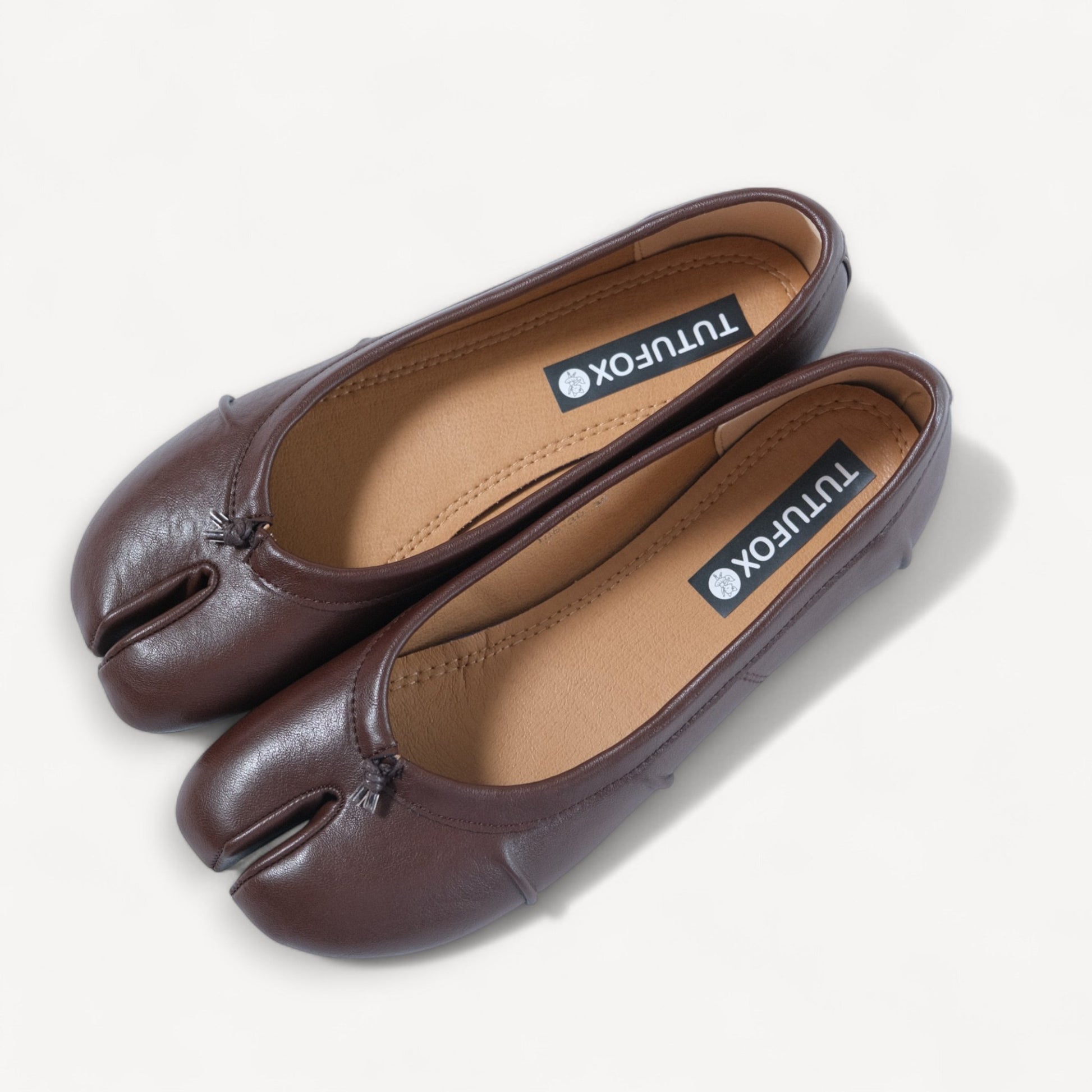 Brown Split Toe Leather Tabi Flats - tutufox -