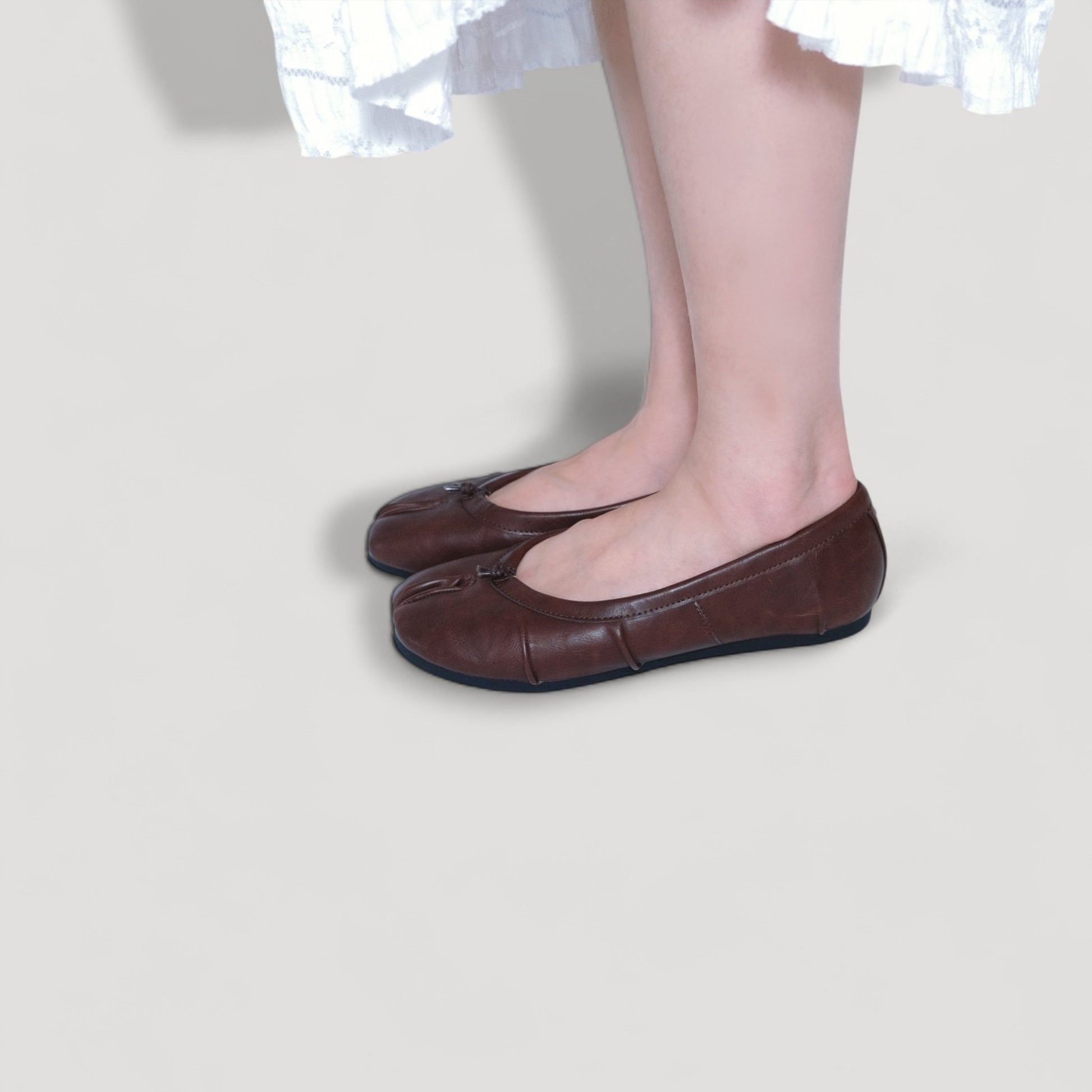 Brown Split Toe Leather Tabi Flats - tutufox -