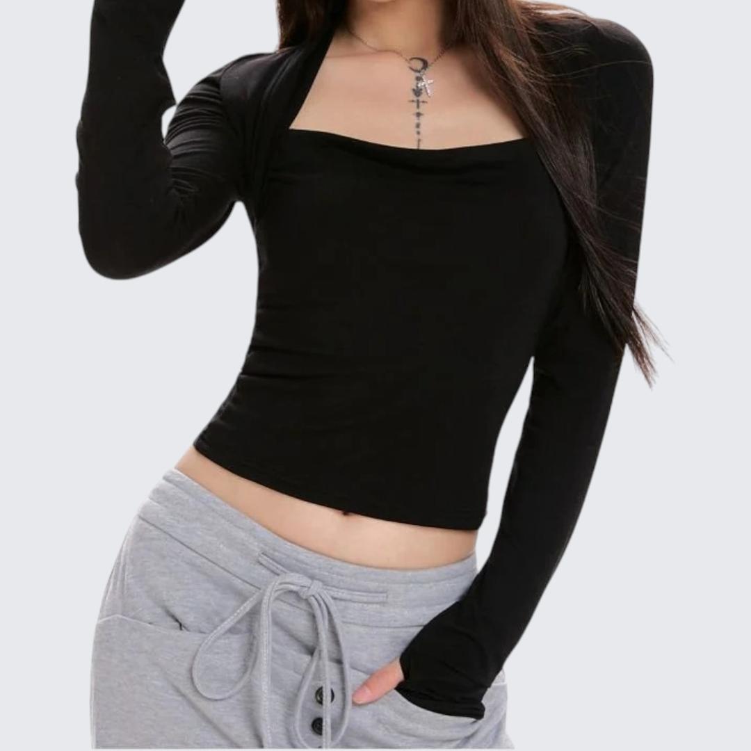 Brown Square-Collar Long-Sleeve T-Shirt - Spring & Autumn