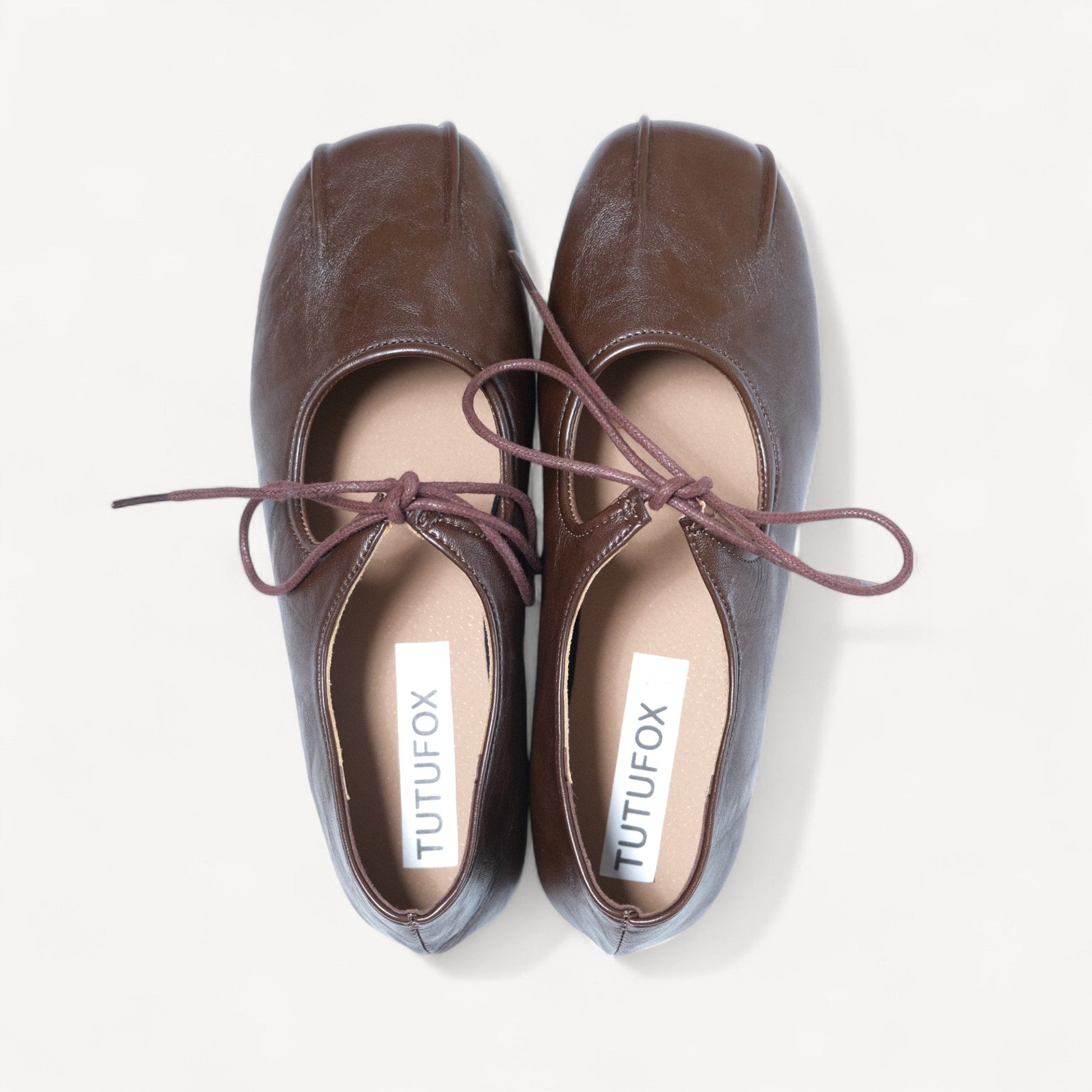 brown square toe leather lace up flats front view