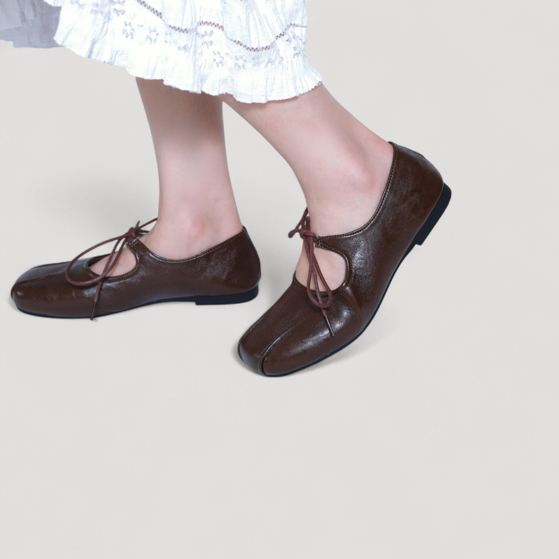 brown square toe leather lace up flats model walking