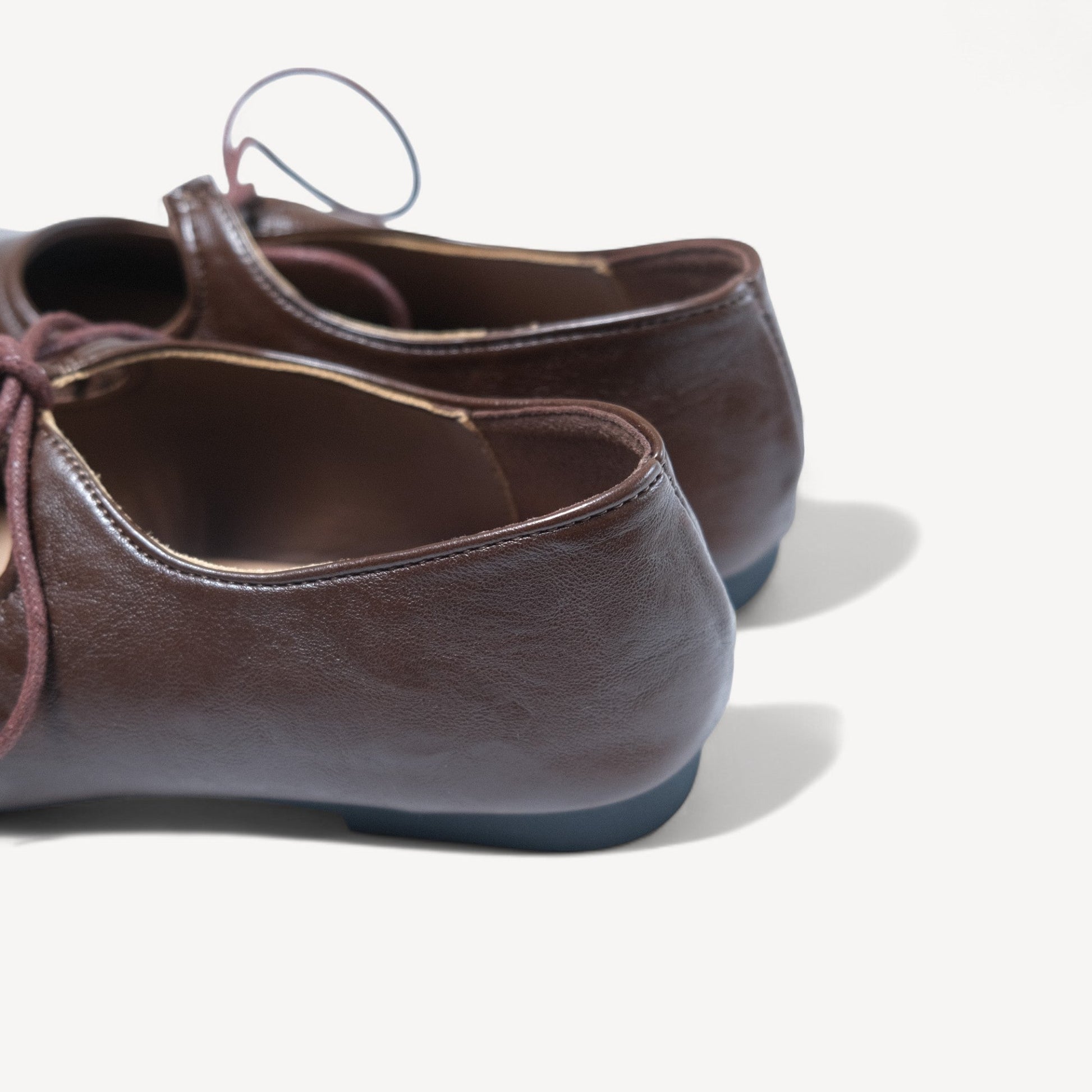 brown square toe leather lace up flats heel detail view