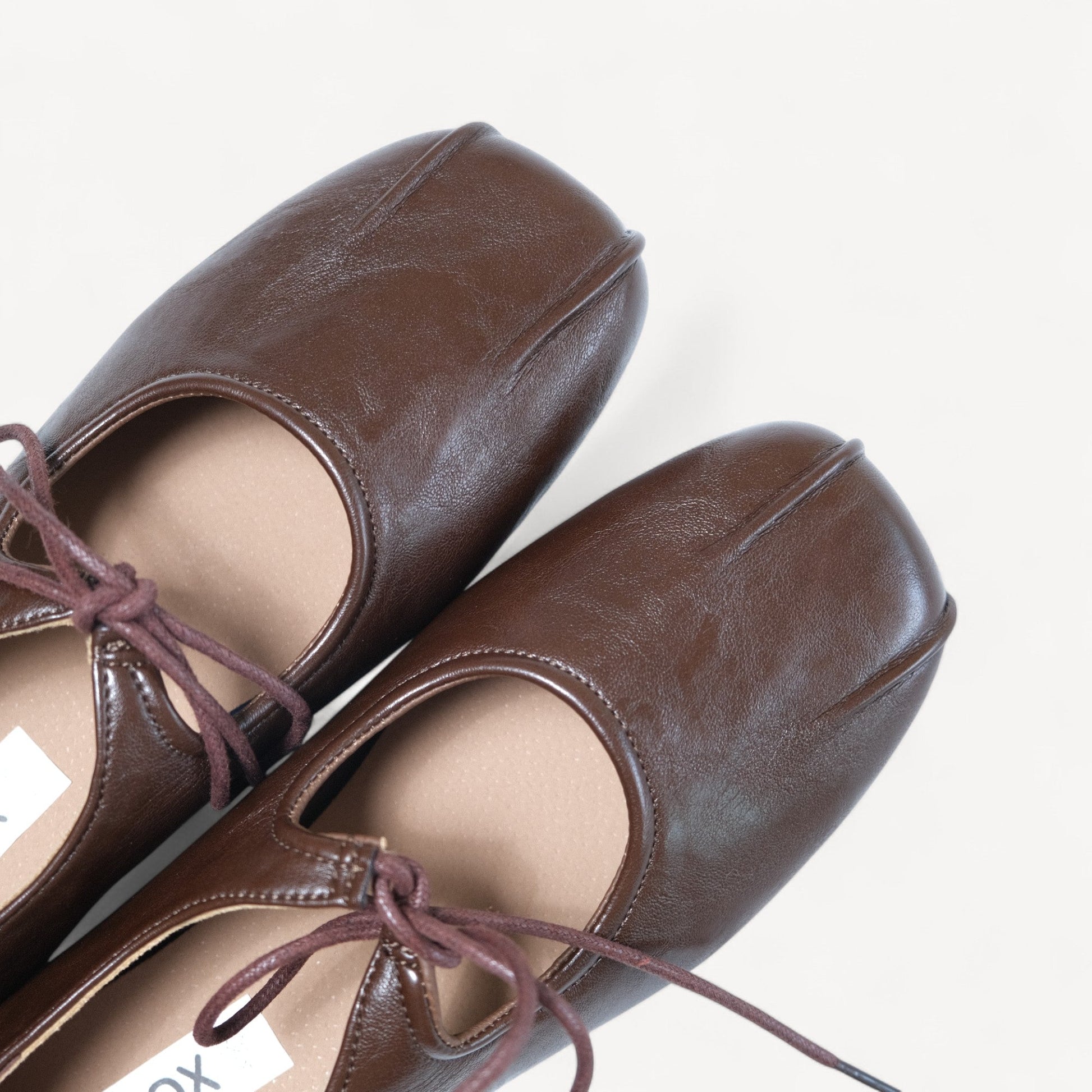 brown square toe leather lace up flats toe detail view