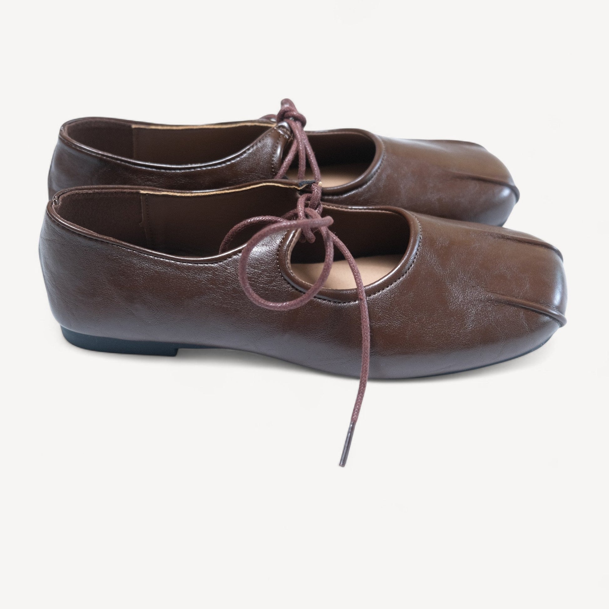brown square toe leather lace up flats right oblique view