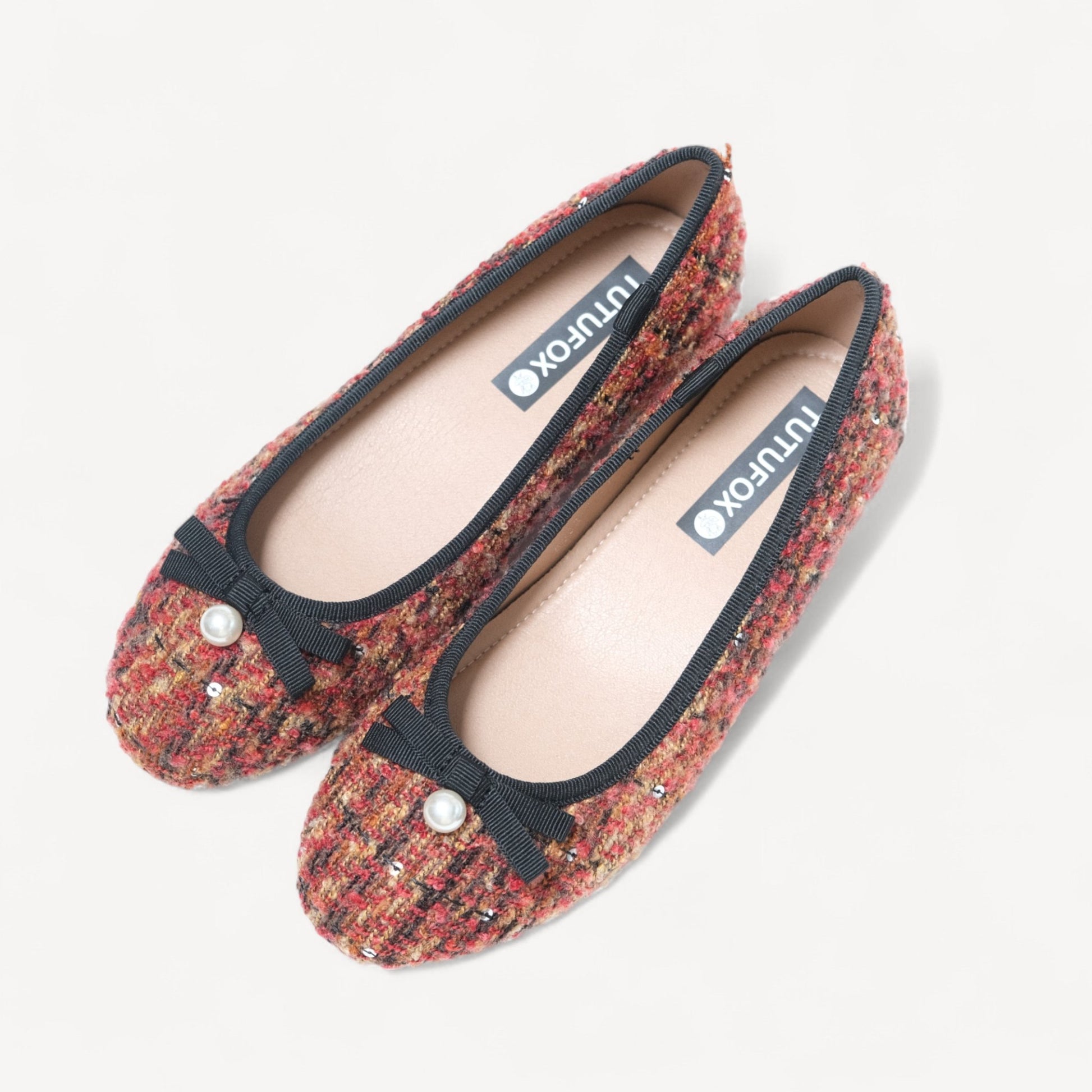 Brown Tweed Knit Ballet Bow Almond Flats - tutufox - shoes