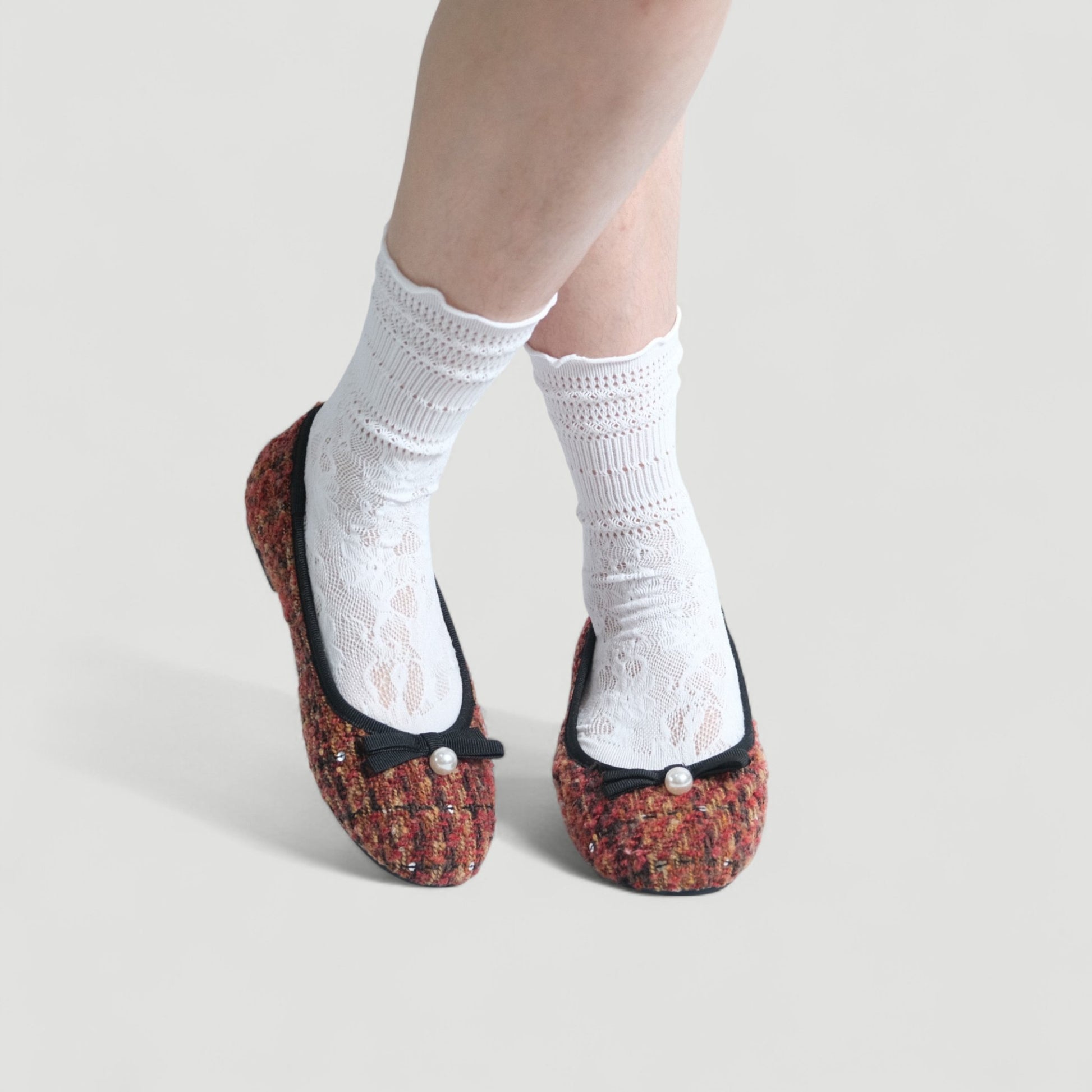 Brown Tweed Knit Ballet Bow Almond Flats - tutufox - shoes