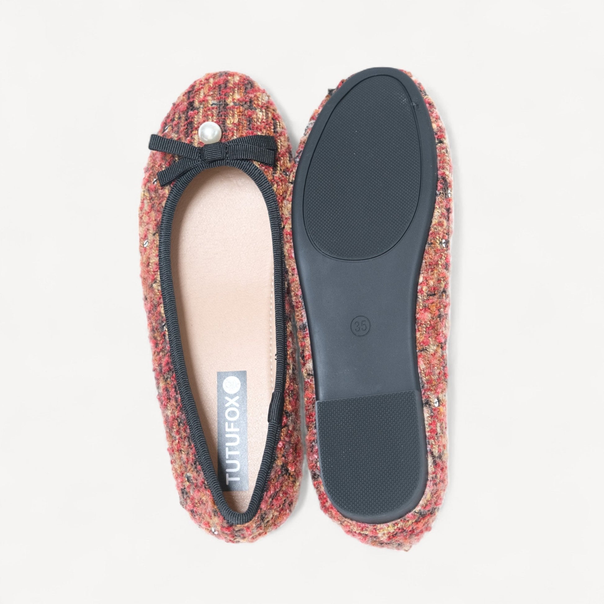 Brown Tweed Knit Ballet Bow Almond Flats - tutufox - shoes