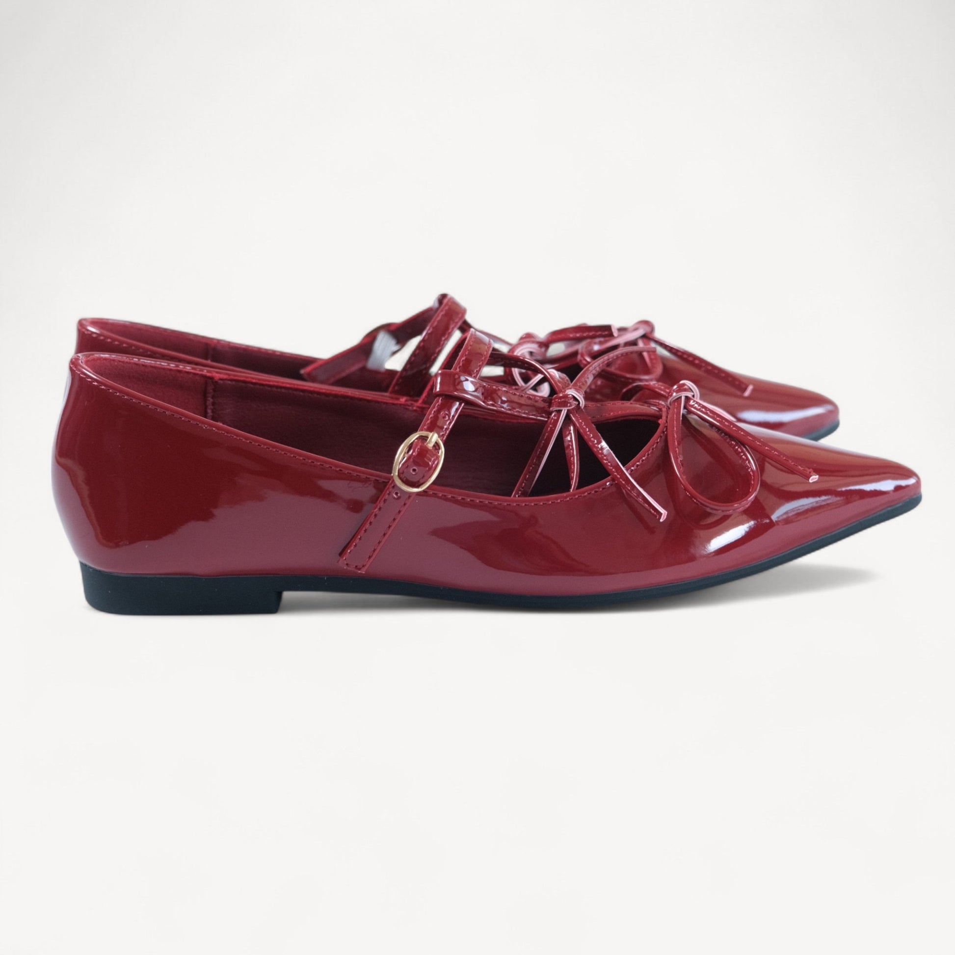 Burgundy Patent T - Strap Ballet Flats - tutufox - shoes