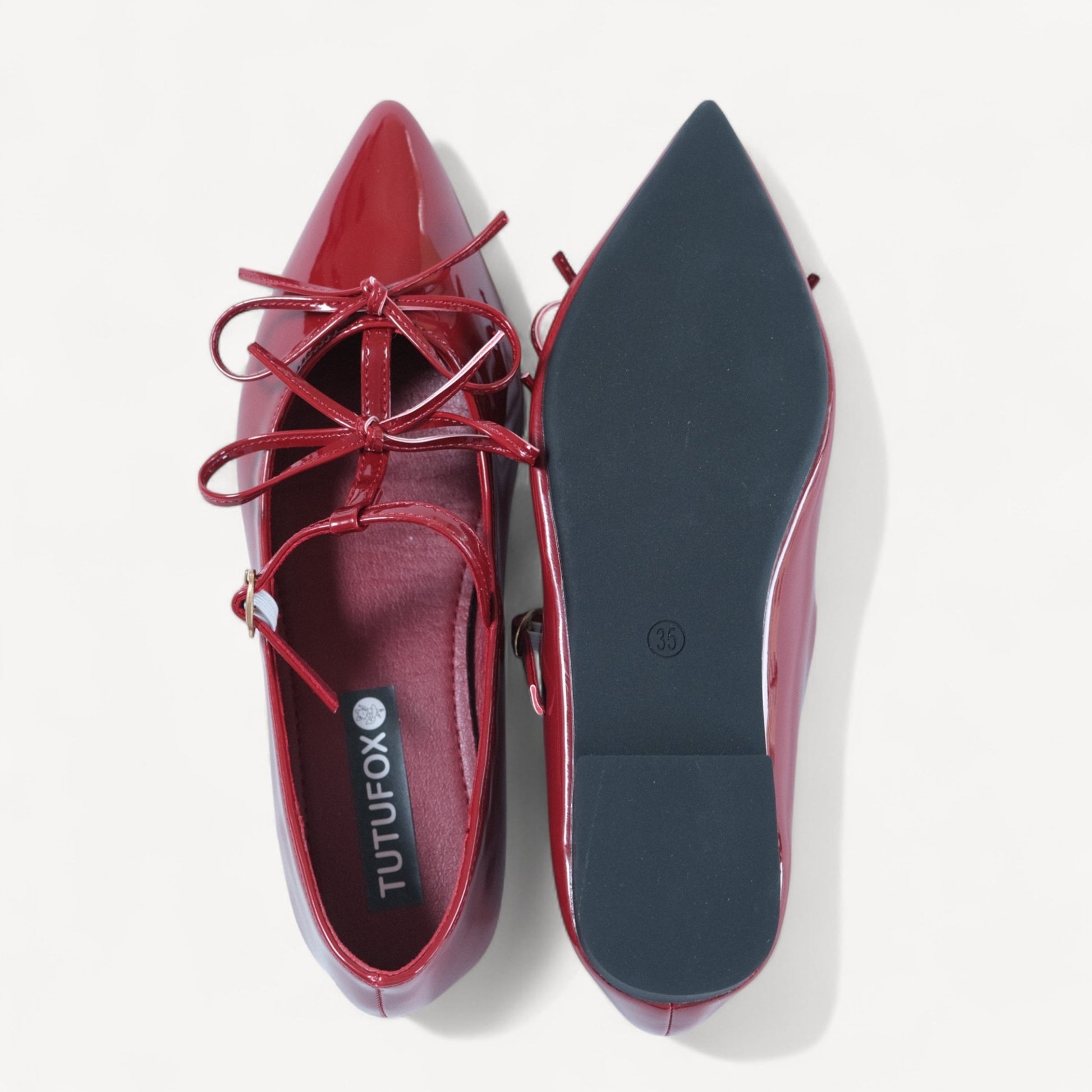 Burgundy Patent T - Strap Ballet Flats - tutufox - shoes