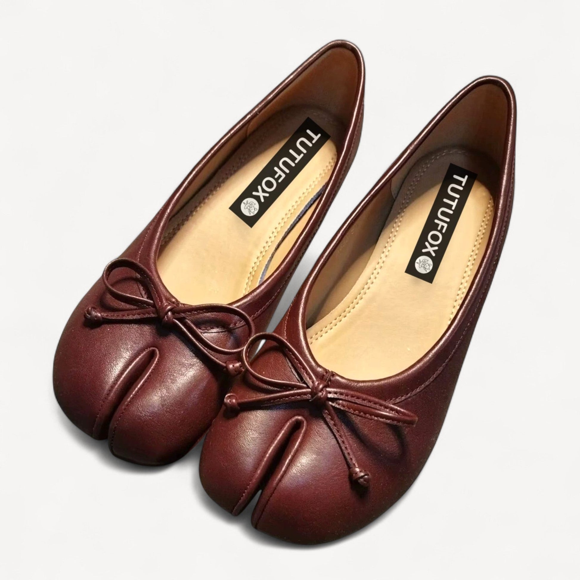 Burgundy Soft Leather Round - Heel Split - Toe Bow Tabi - tutufox - shoes