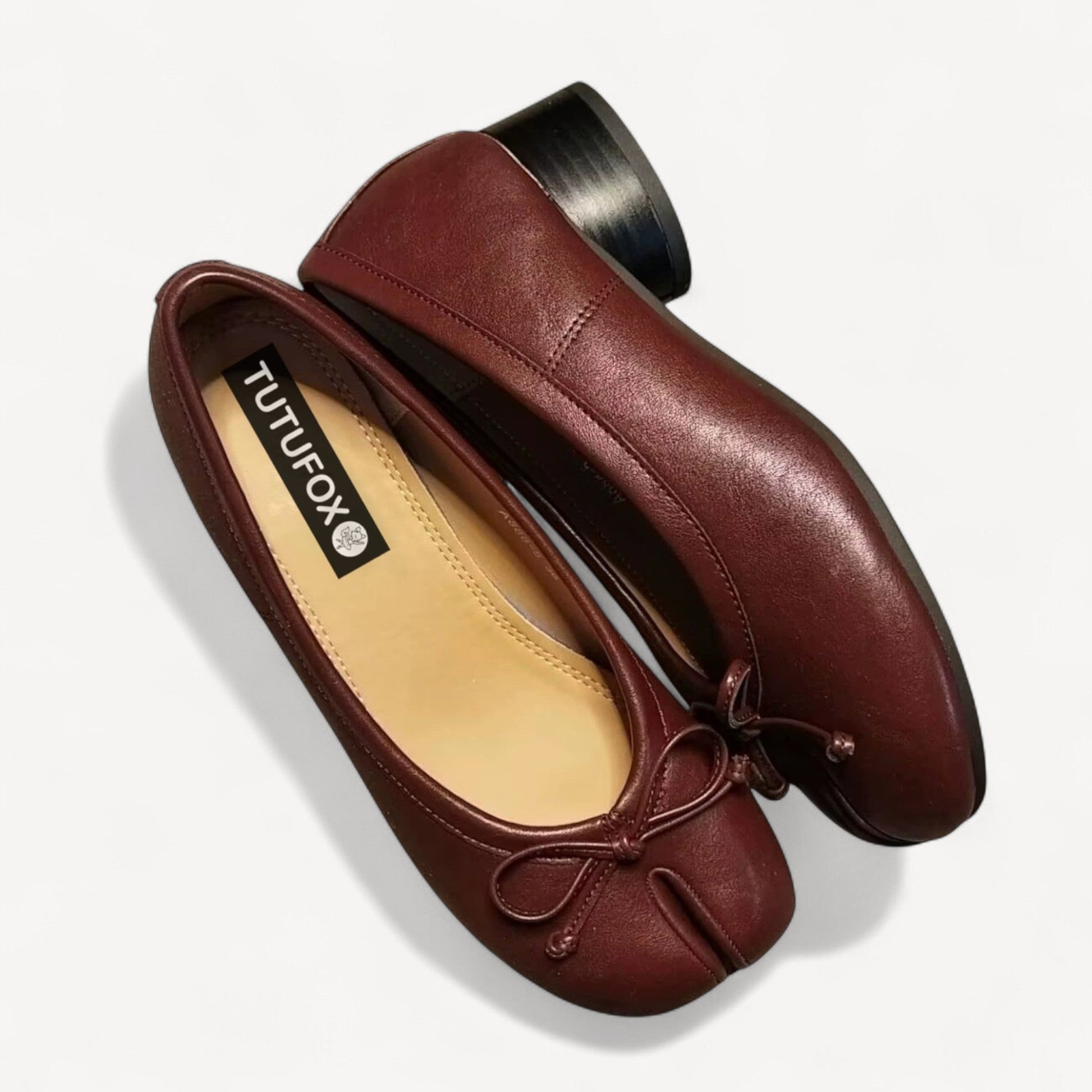 Burgundy Soft Leather Round - Heel Split - Toe Bow Tabi - tutufox - shoes