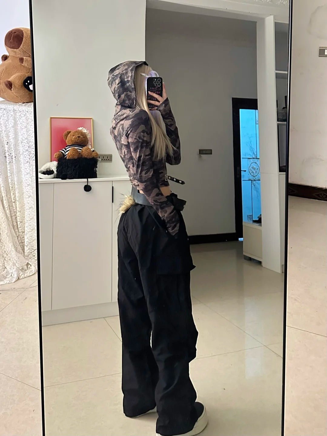 Camo Hoodie Zip Top and Black Cargo Pants Y2K Outfit - tutufox -