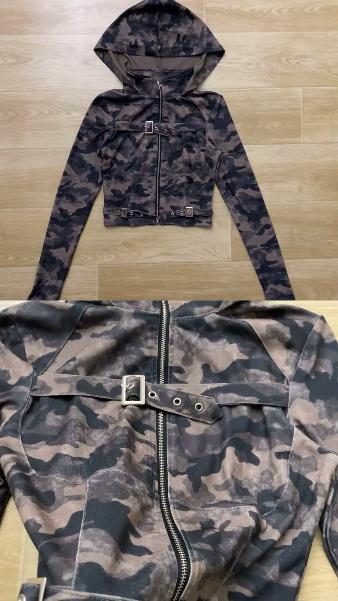 Camo Hoodie Zip Top and Black Cargo Pants Y2K Outfit - tutufox -