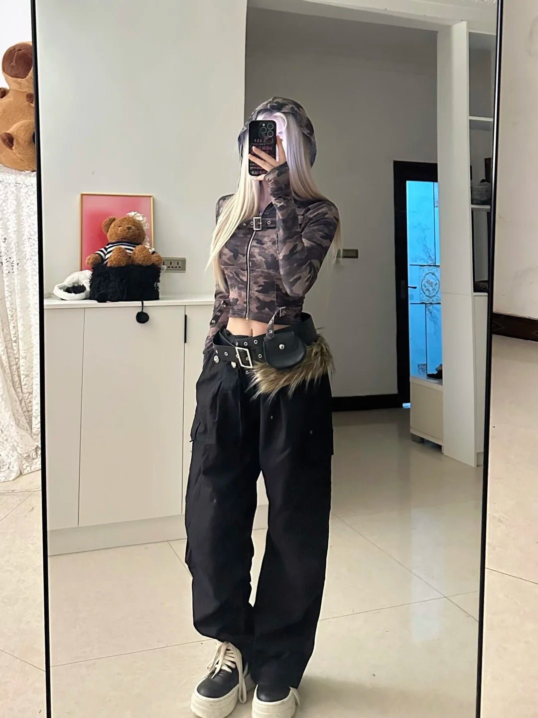 Camo Hoodie Zip Top and Black Cargo Pants Y2K Outfit - tutufox -