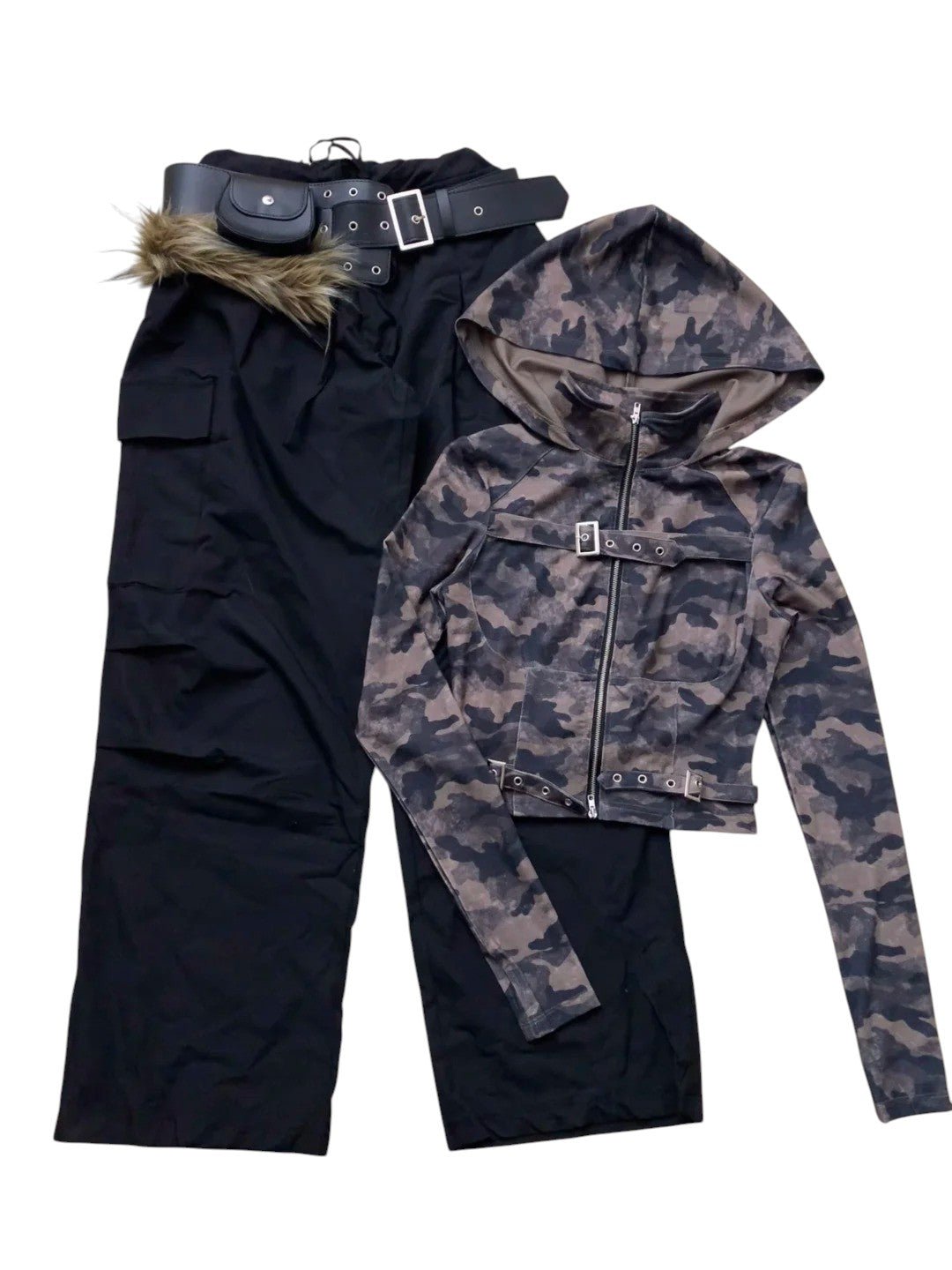 Camo Hoodie Zip Top and Black Cargo Pants Y2K Outfit - tutufox -